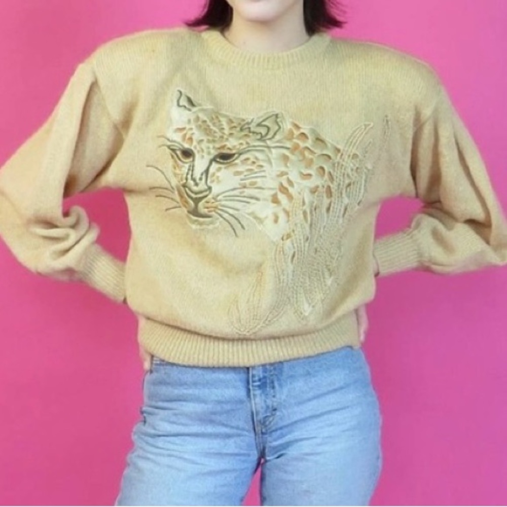 Vintage Escada Mohair Wool Leopard Embroidered Sweater Tan Size Small